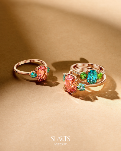 SLAETS Jewellery One-of-a-kind Multicolor Trilogy Ring with Zircon, Tsavorite and Diamonds, 18Kt Rose Gold (watches)